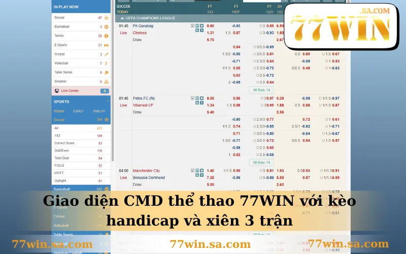 Thể Thao 77WIN 2 Giao diện CMD thể thao 77WIN với kèo handicap và xiên 3 trận