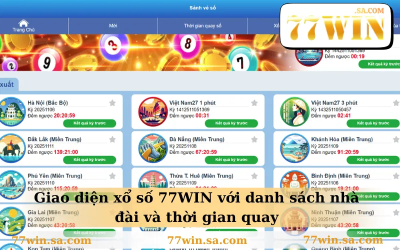 Xổ Số 77WIN 1 Giao diện xổ số 77WIN với danh sách nhà đài và thời gian quay