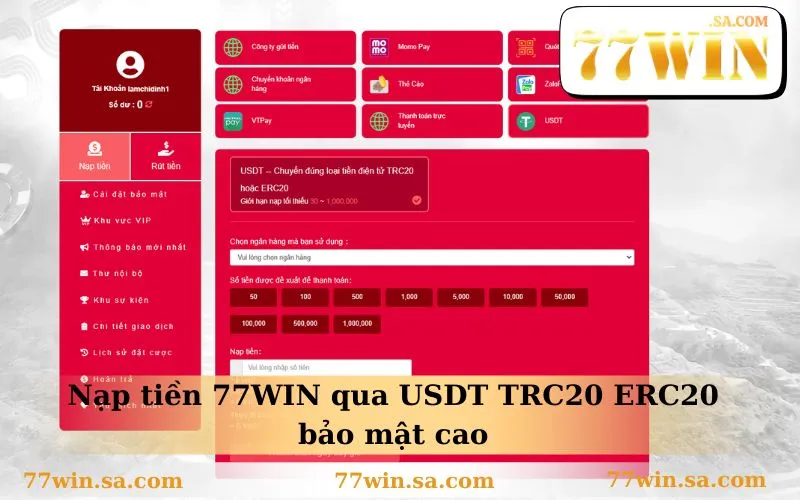 Nạp Tiền 77WIN 3 Nạp tiền 77WIN qua USDT TRC20 ERC20 bảo mật cao