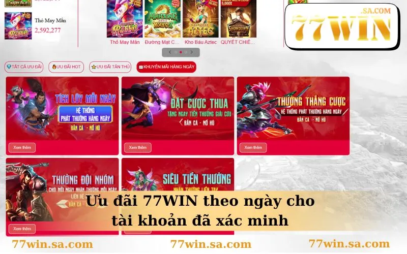 Khuyến Mãi 77WIN 3 Ưu đãi 77WIN theo ngày cho tài khoản đã xác minh
